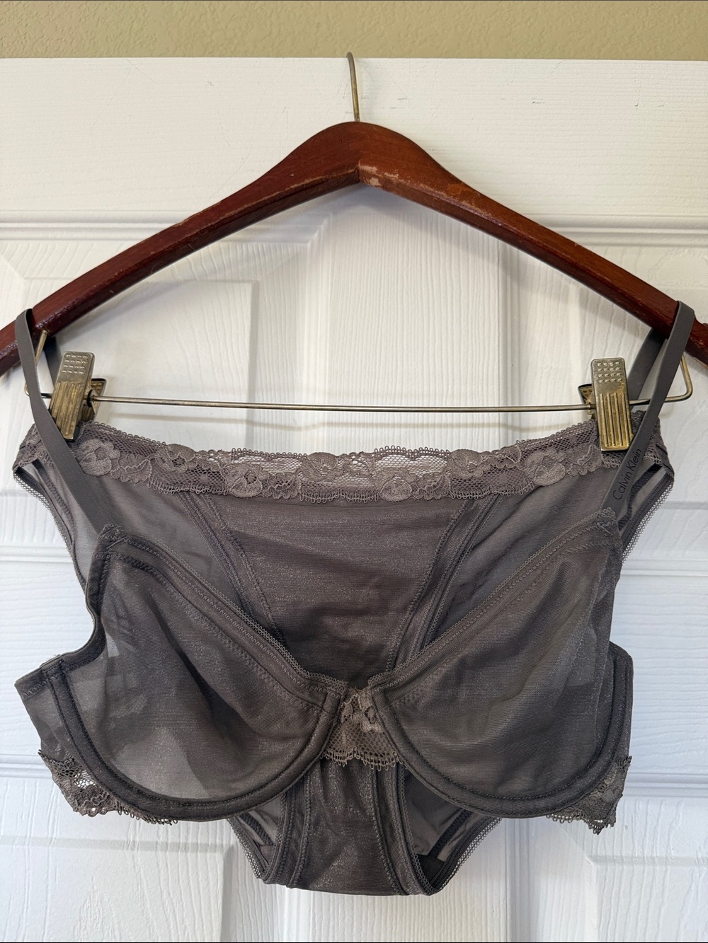 Calvin Klein Sheer Lace Underwire Taupe Bra 32C and Briefs S